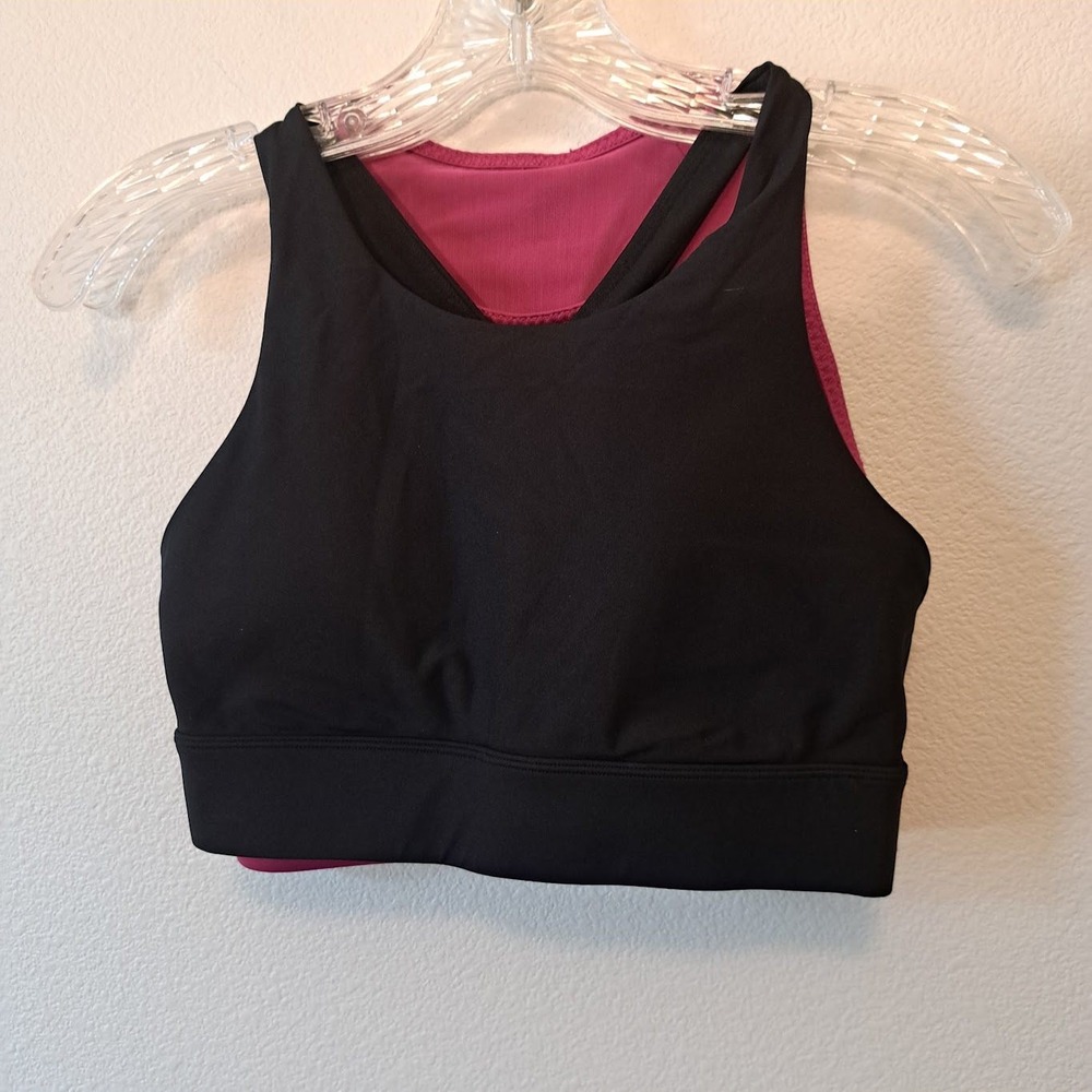 Fabletics Reversible High Neck Sports Bra Black Pink Strappy Mesh Back Womens